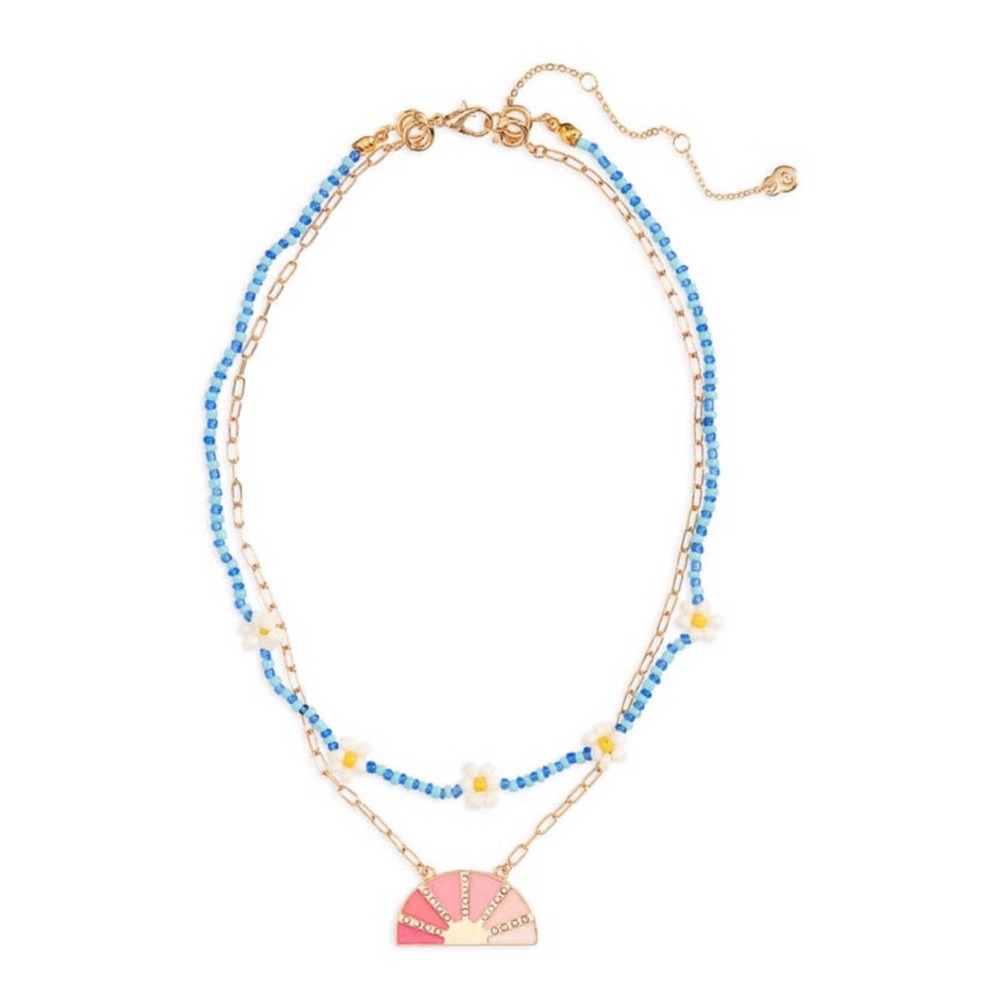 BP Nordstrom Daisy Flower Bead Sunset Sun Pendant Layered Gold 3in1 Necklace
